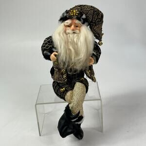 Poseable Santa Elf Figure 12" Hanging Plush Decor Black Gold Brocade Holiday